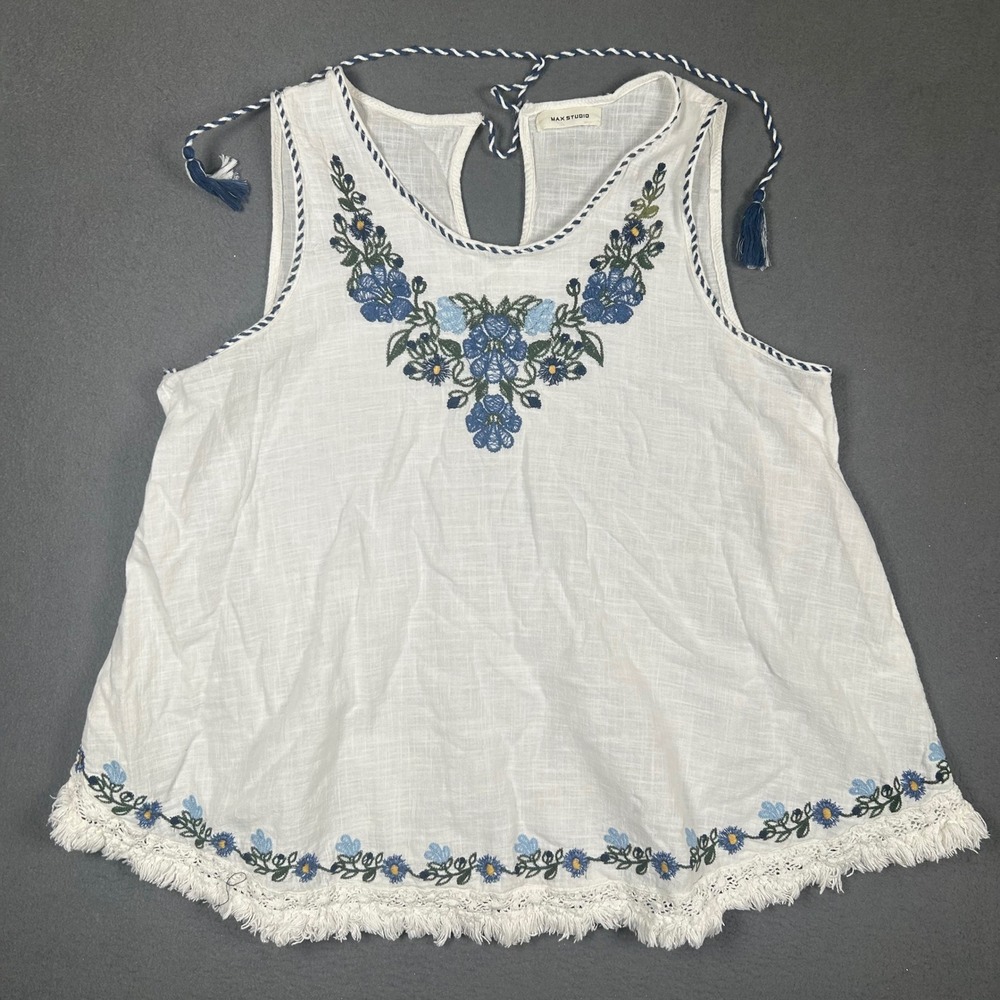 Max Studio Tank Top Women S White Blue Floral Embroidered Boho Fringe Tassel Tie